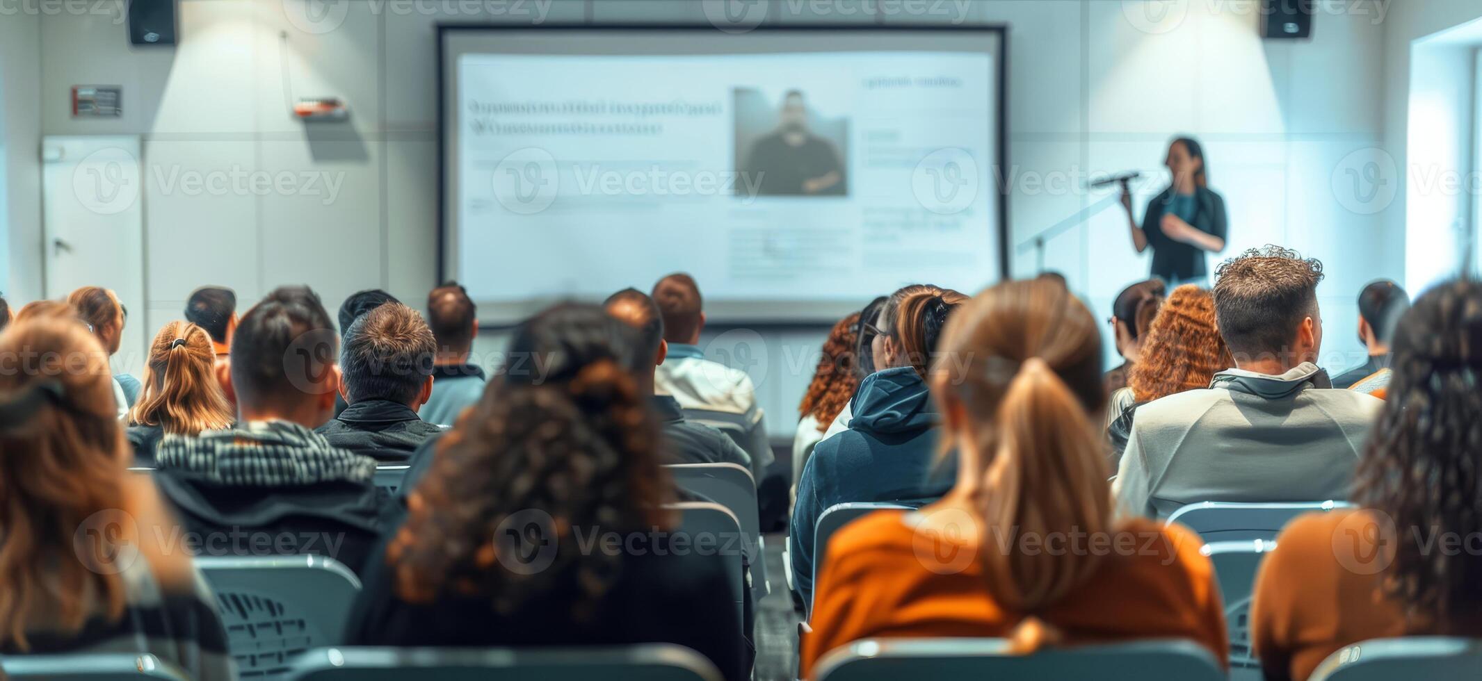 People are seated in chairs, focused on a speaker and presentation slides in a conference hall during an educational event photo