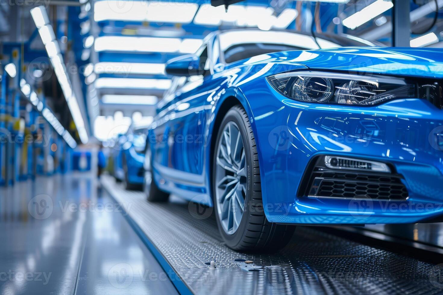 A blue car is positioned on the production line, reflecting modern manufacturing technology and attention to detail in the assembly process photo
