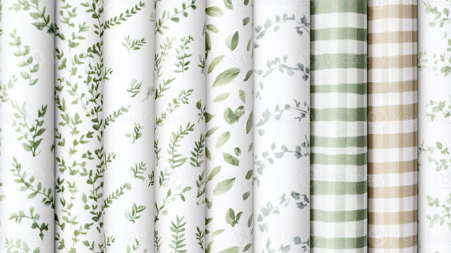 A vibrant selection of fabric rolls showcases intricate botanical patterns and classic check designs, ideal for various home decor applications photo