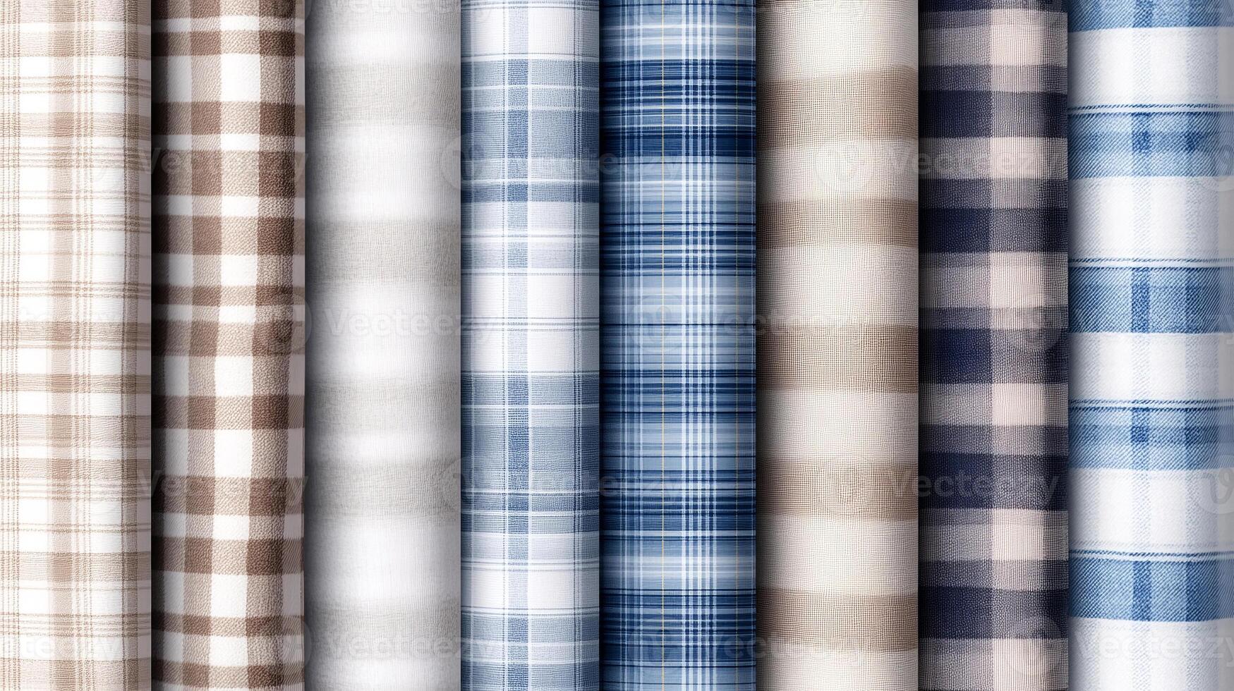 Collection of plaid fabric rolls in various colors and patterns arranged neatly in a fabric store for quilting, sewing, and crafting enthusiasts photo