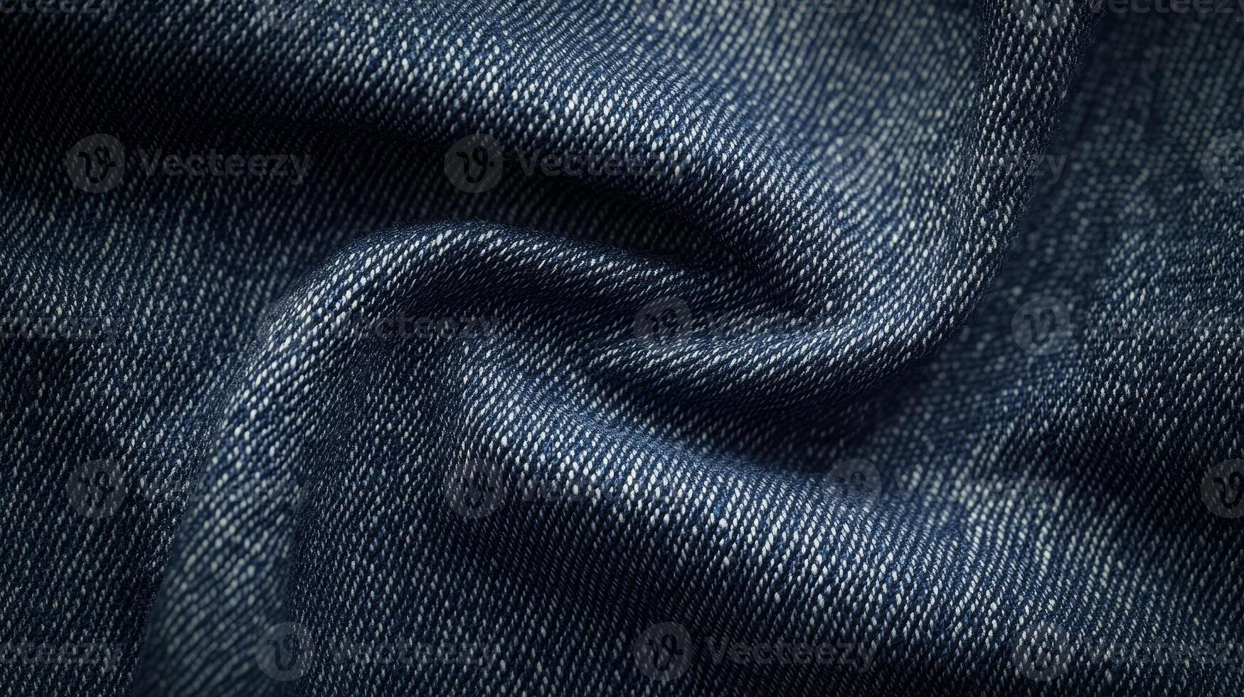 Dark blue denim fabric displayed in a close-up, showcasing its fine texture and subtle weave patterns, ideal for various clothing items photo