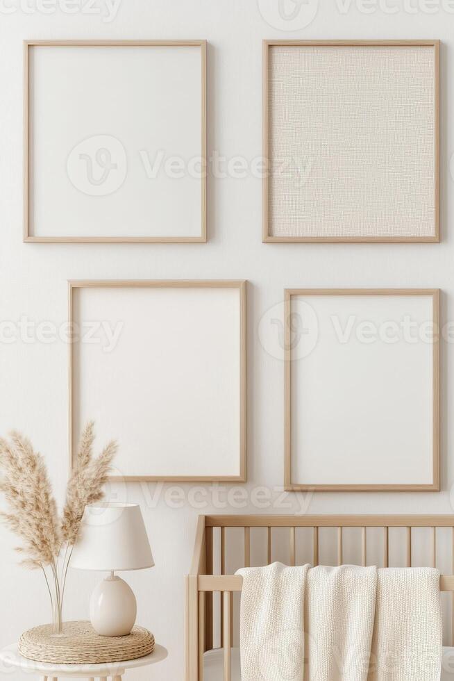 Bohemian-style nursery features neutral tones, wooden elements, and minimalistic decor ideal for a daycare setting photo