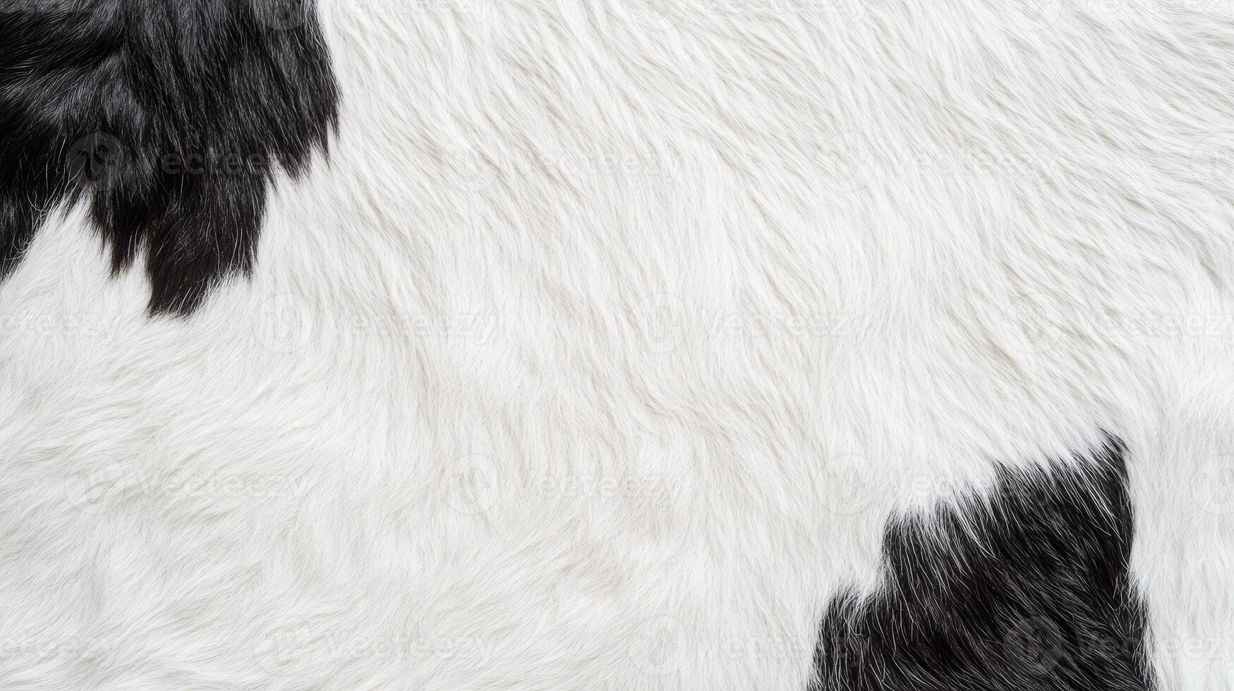 Detailed view of cowhide revealing intricate black and white patterns characterized by a smooth, soft texture often found in cattle photo