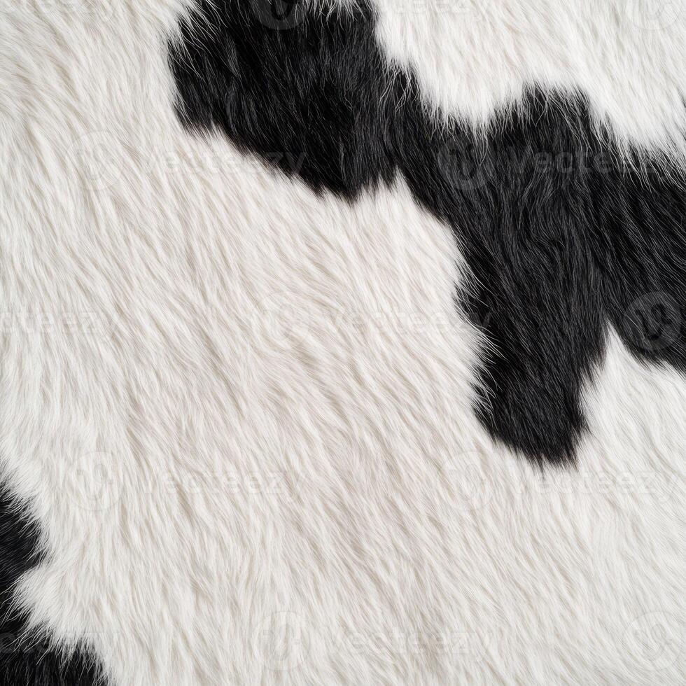 Detailed texture of cow's hide displaying a bold black and white pattern under natural lighting, emphasizing the unique features of the fur photo