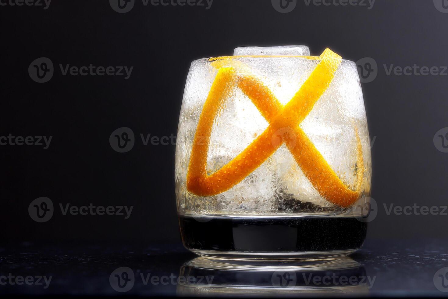 Refreshing cocktail with ice cubes and an orange twist garnished, presented against a clean white background photo