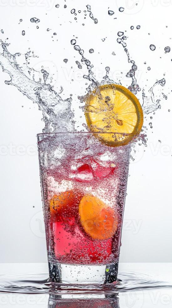 Vibrant cocktail with ice and citrus bursting with refreshing splashes against a clean white backdrop photo