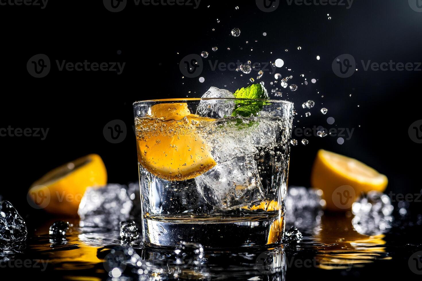 Refreshing cocktail with ice, citrus slices, and mint creates a dynamic splash against a striking black backdrop, showcasing artistry in mixology photo