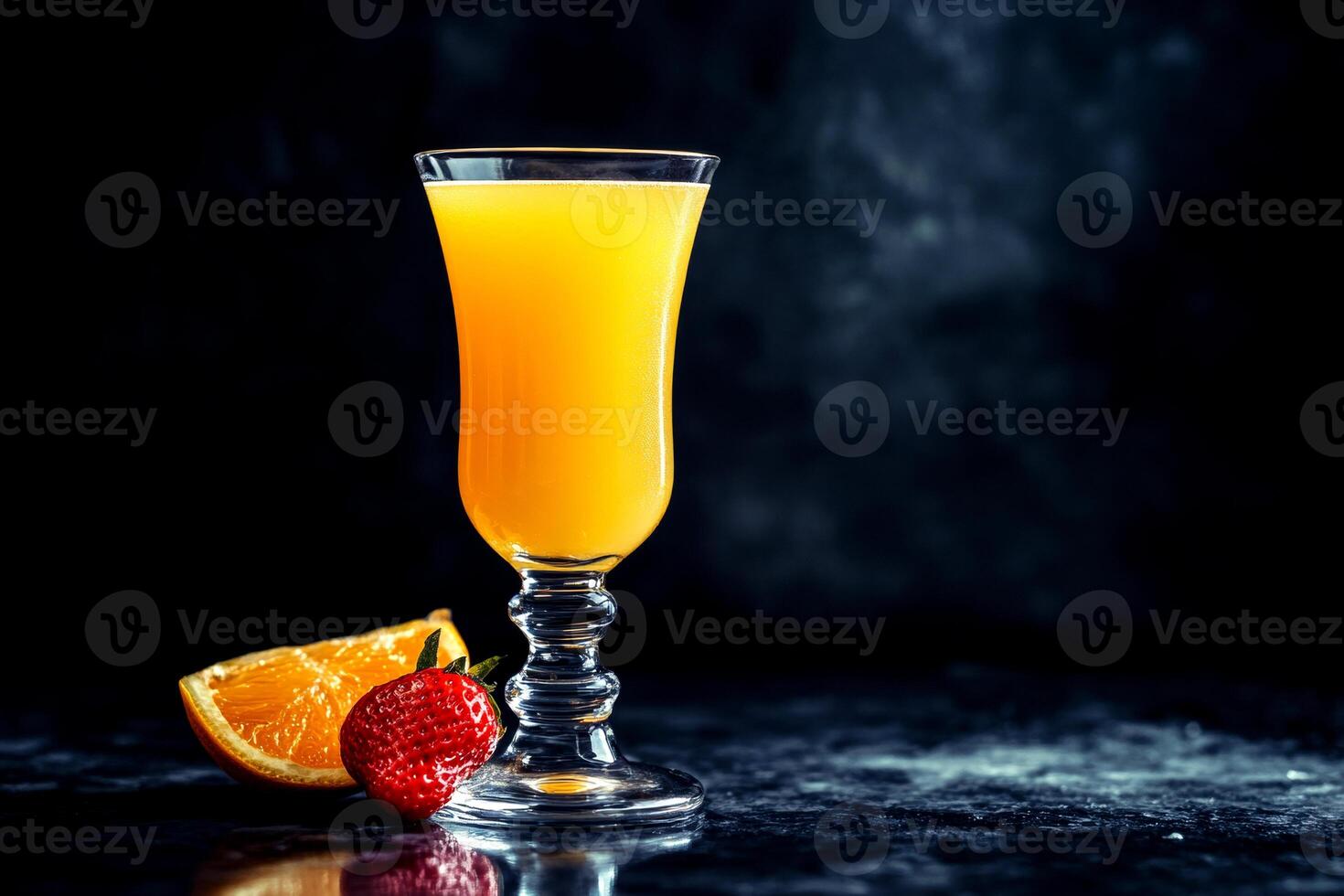 Bright orange cocktail served in an elegant glass alongside a strawberry and orange slice on a polished surface photo