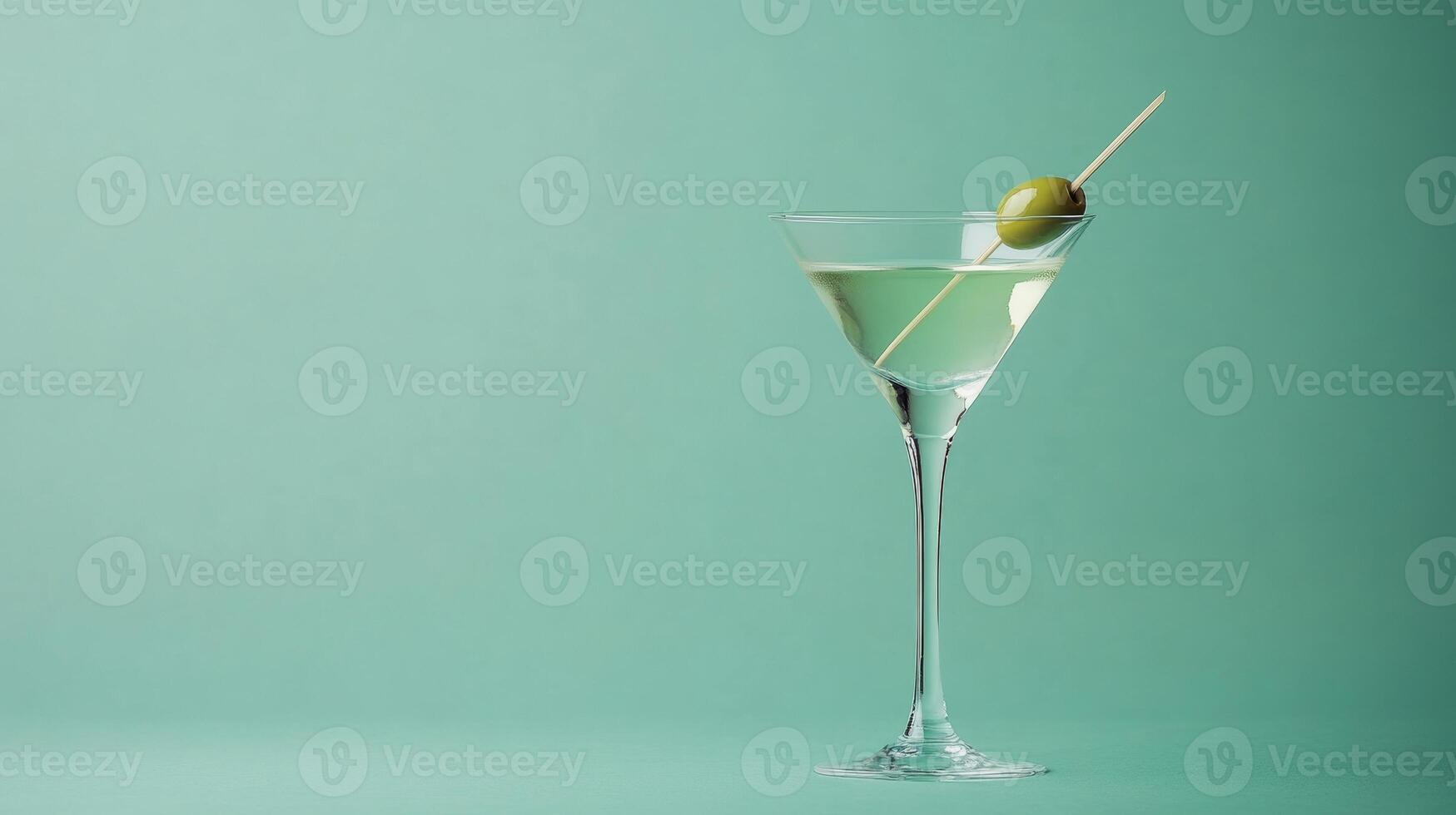 A refreshing martini served in a stylish glass, garnished with a green olive on a toothpick, set against a calming backdrop photo