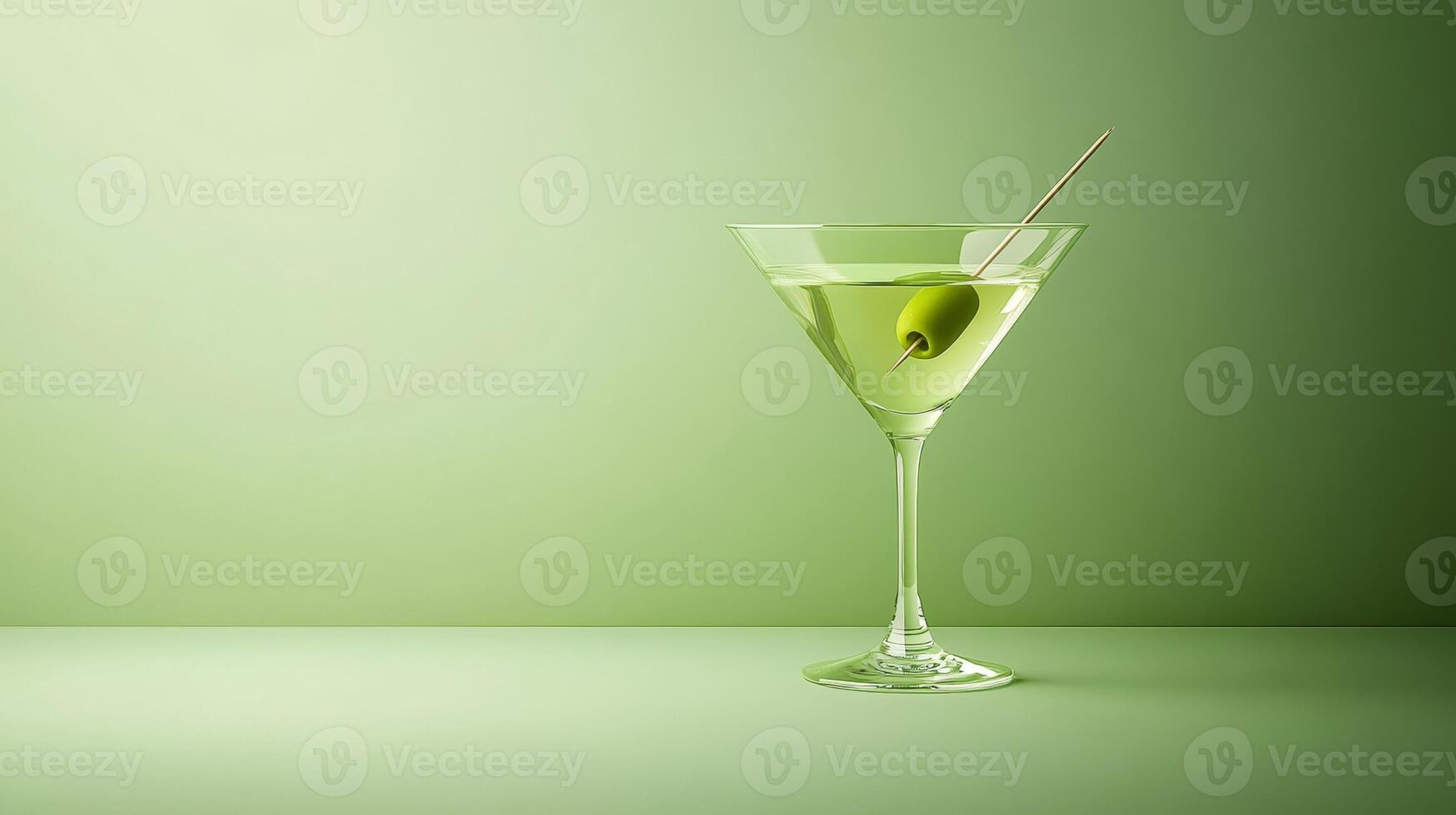 Savoring a classic martini with a green olive on a toothpick, set against a calming green background in a stylish environment photo