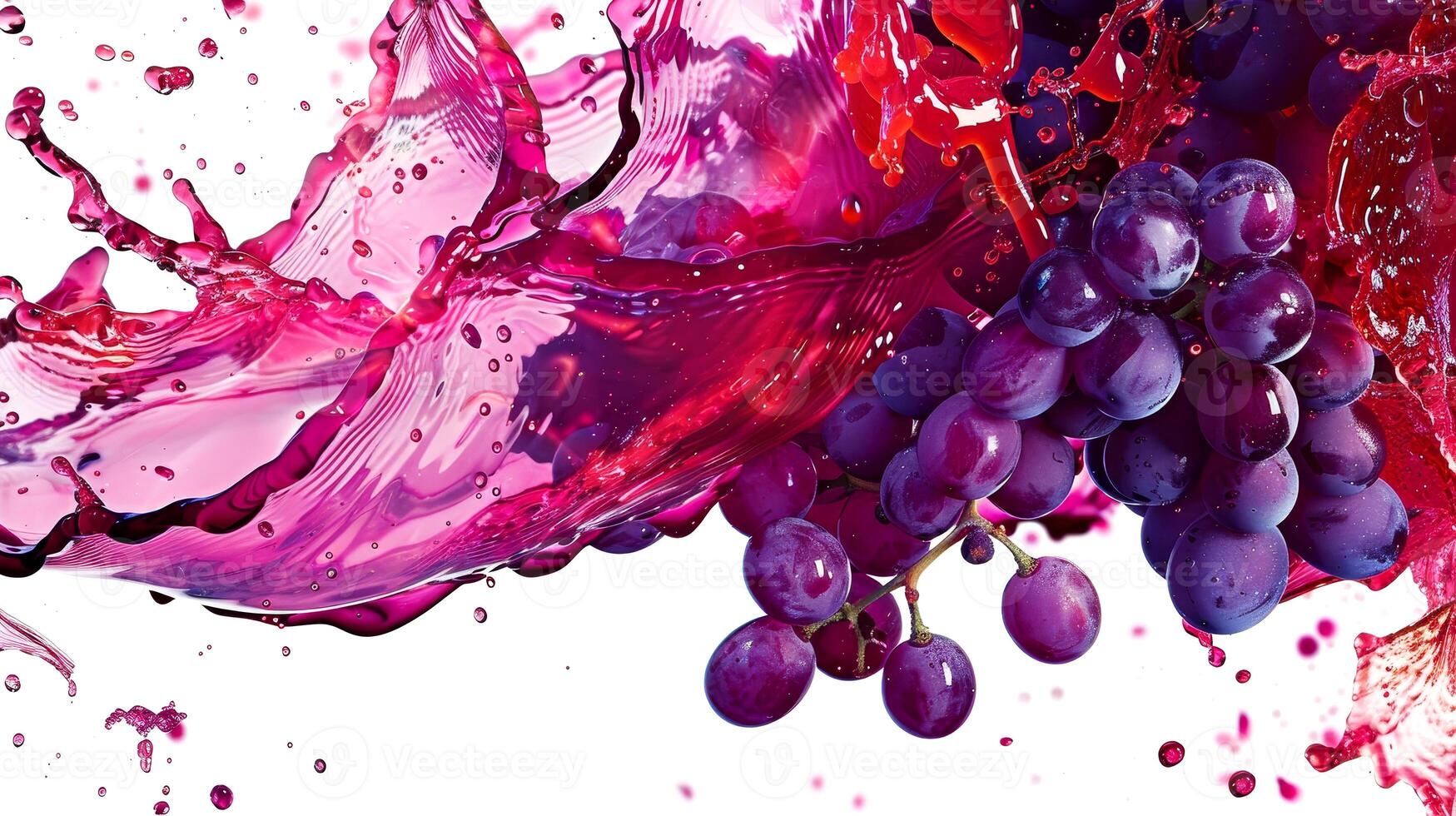 Dynamic splash of purple wine accentuates ripe grapes, capturing the essence of celebration and indulgence in a bold display photo