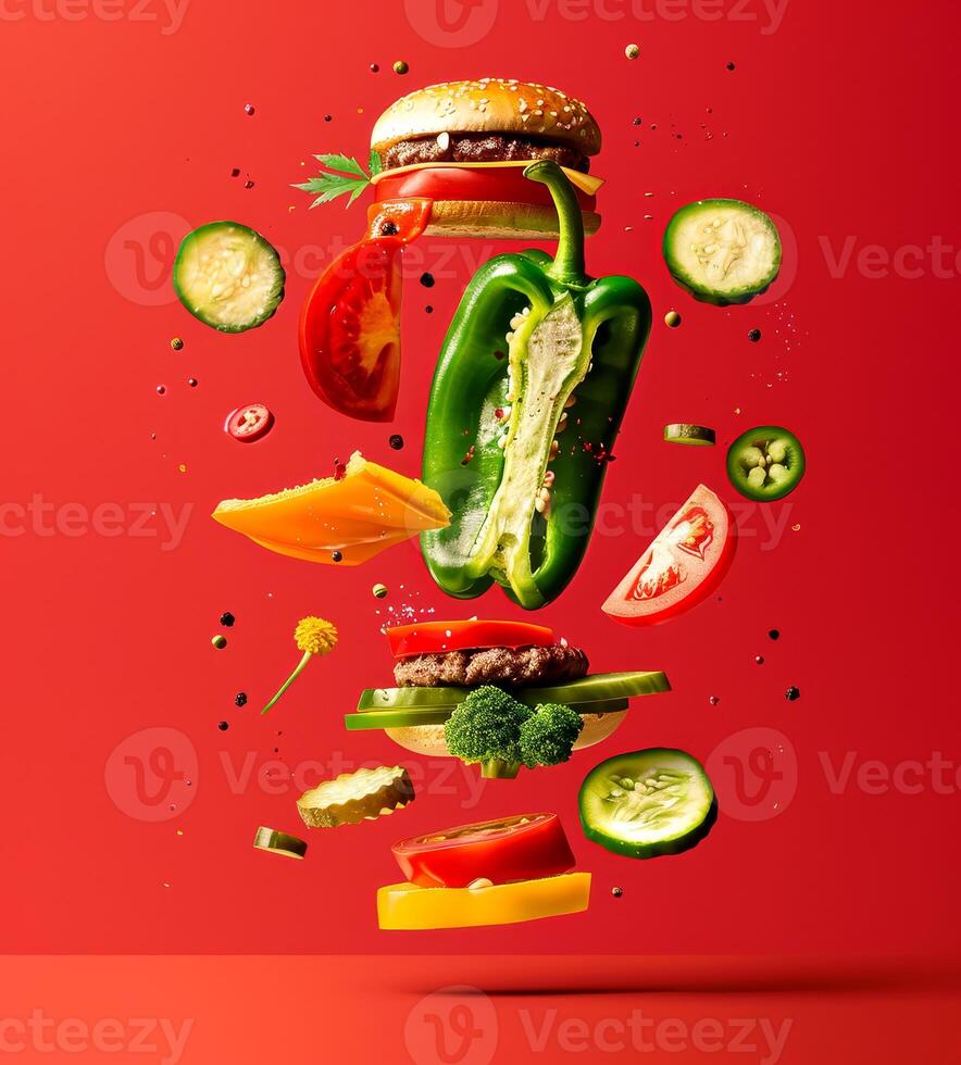 Bright green hot pepper levitates with assorted fresh vegetables and a hamburger, creating an eye-catching culinary composition photo