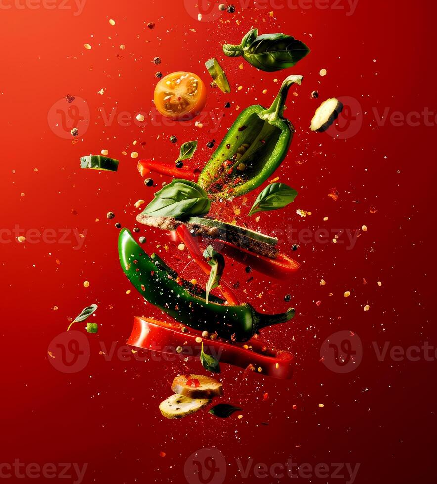 Colorful green hot pepper bursts with movement among fresh vegetables and herbs, creating an inviting culinary scene full of flavor photo