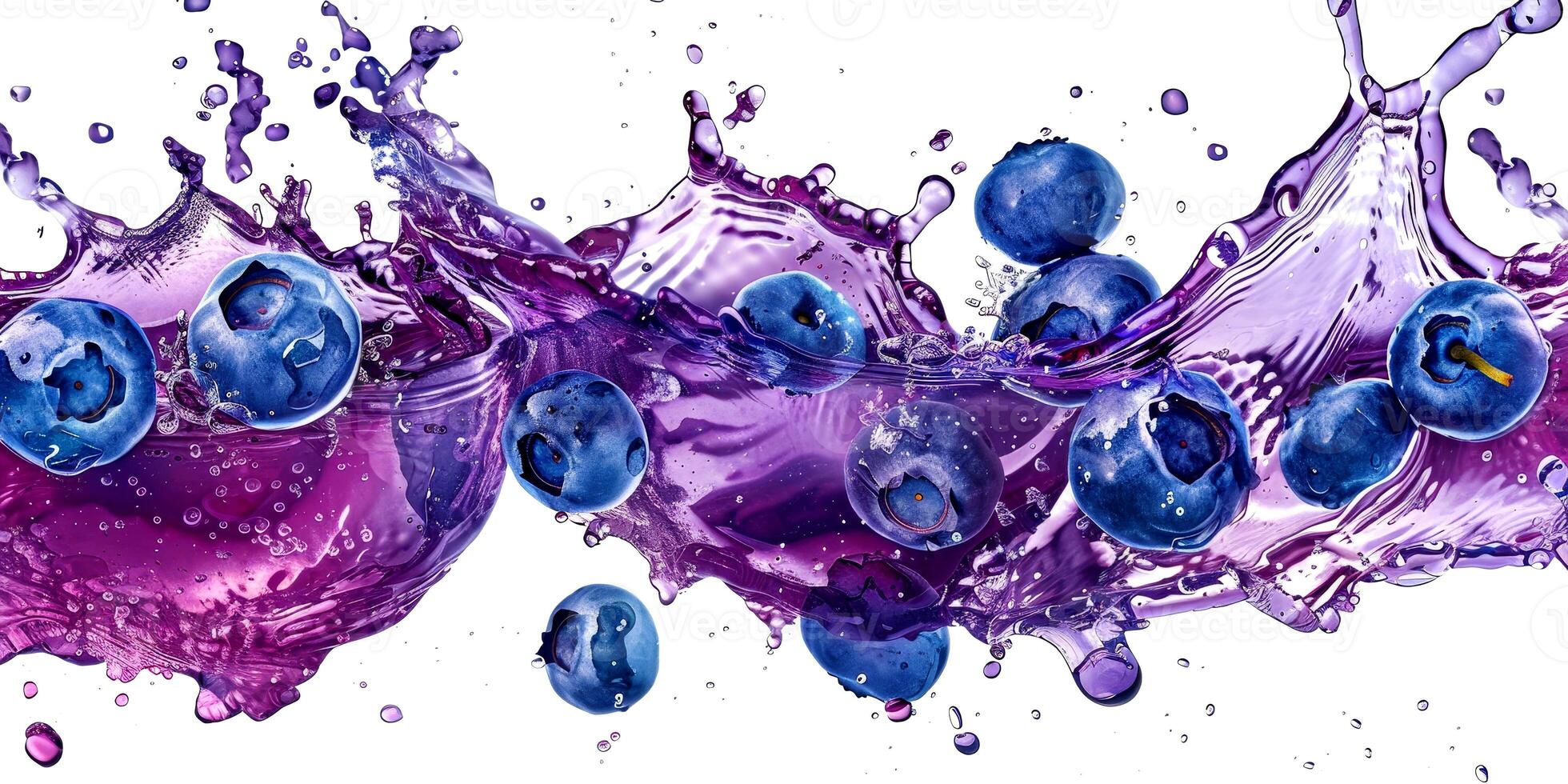 A stunning splash of fresh blueberries bursts against a white backdrop, with juice droplets captured mid-air, creating vivid purple waves photo