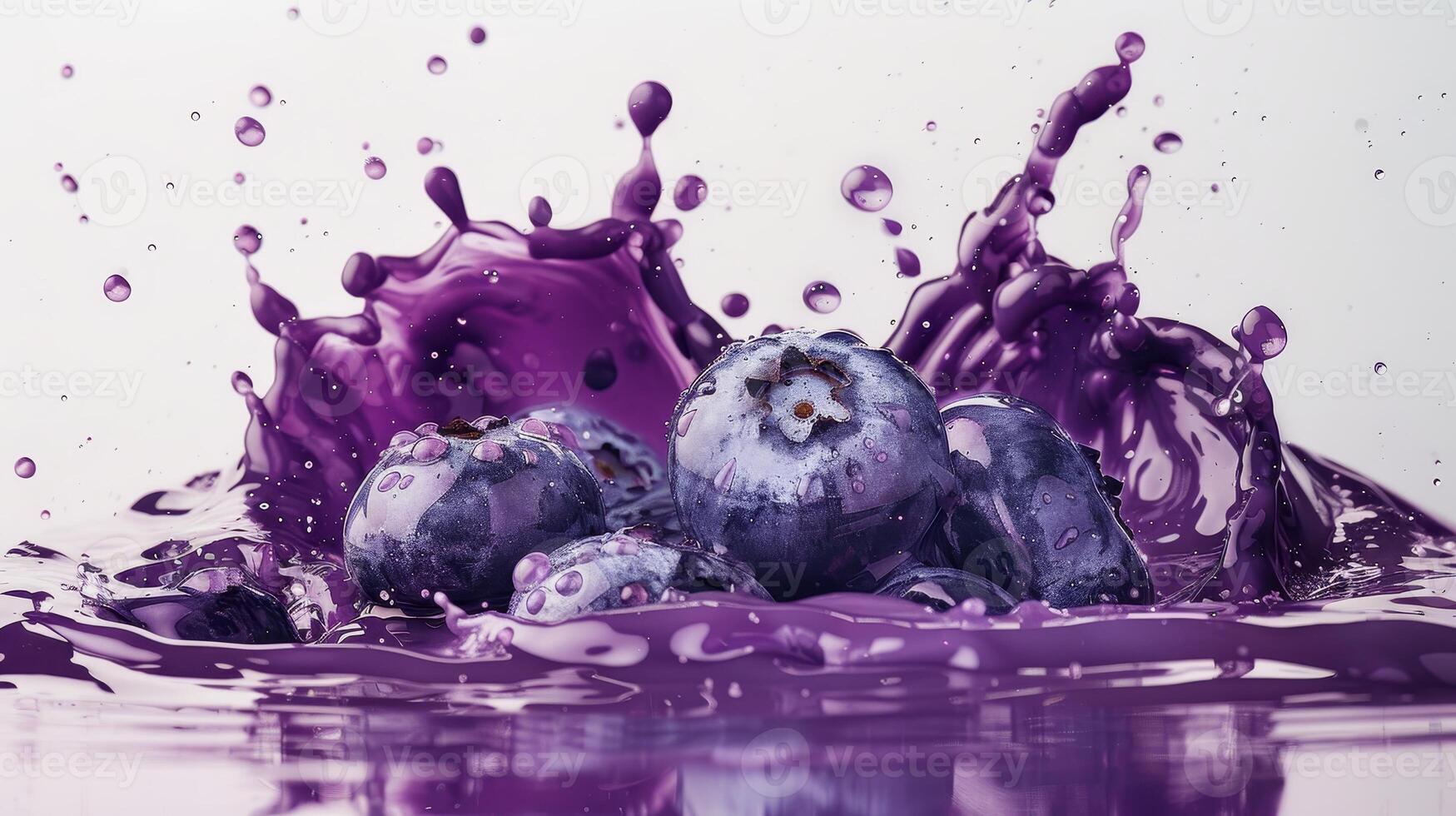 Fresh blueberries create a dynamic splash as vibrant purple liquid erupts around them, showcasing an artistic blend of colors photo