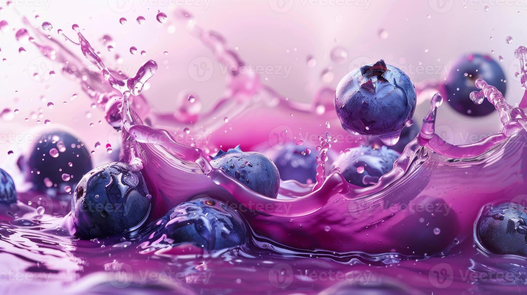 Blueberries create a striking splash as they collide with vibrant purple liquid, showcasing an energetic moment full of color and motion photo