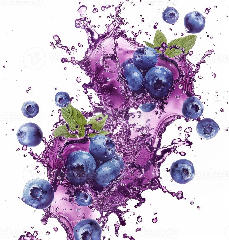 Fresh blueberries create a dynamic splash with vibrant purple liquid, capturing the energy of fruits in a refreshing moment photo