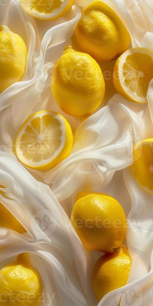 Whole lemons and lemon halves are artfully placed on soft white fabric, showcasing their bright yellow color and fresh appeal photo
