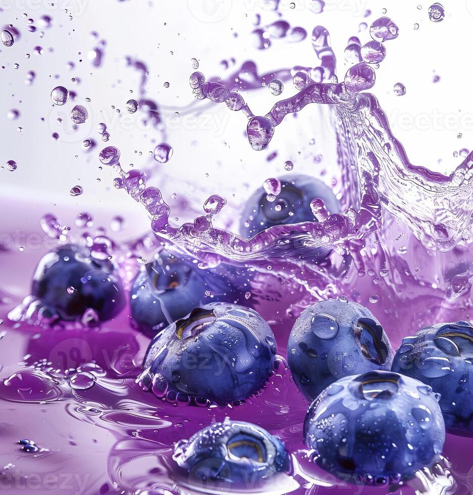 Blueberries create a lively splash in vibrant purple liquid, showcasing the beauty of fresh fruit and fluid dynamics in bold colors photo