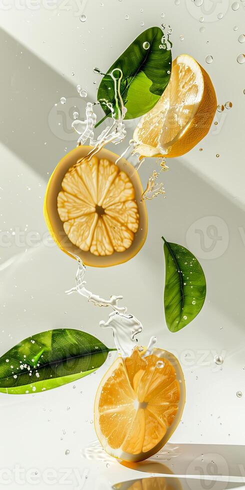 Two lemon slices and green leaves are floating in clear water with splashes, creating a fresh and vibrant atmosphere photo