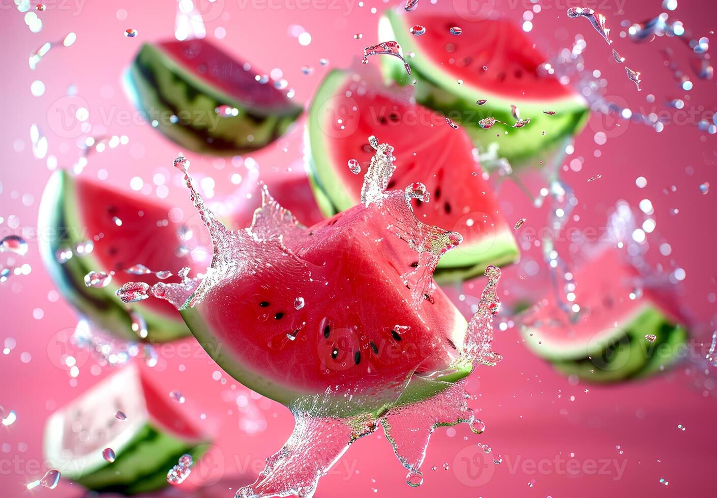 Flying watermelons burst through the air, sending refreshing splashes in a joyful display of summer fun photo