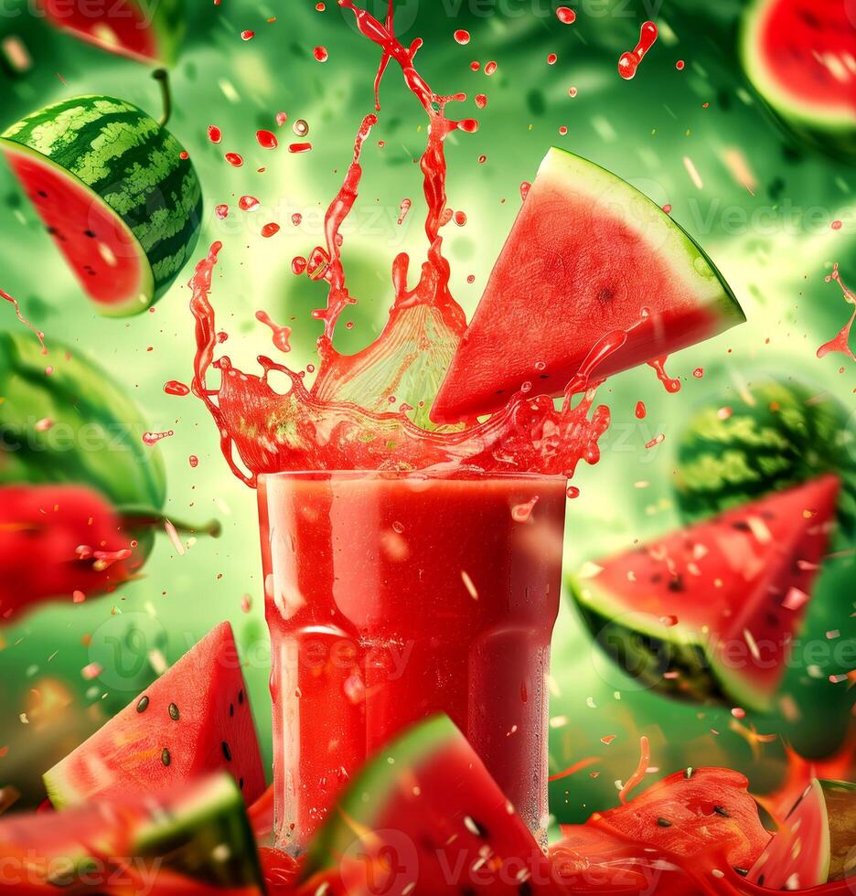 Watermelon juice splashes dramatically in a glass surrounded by fresh watermelon slices, creating a lively, refreshing atmosphere photo