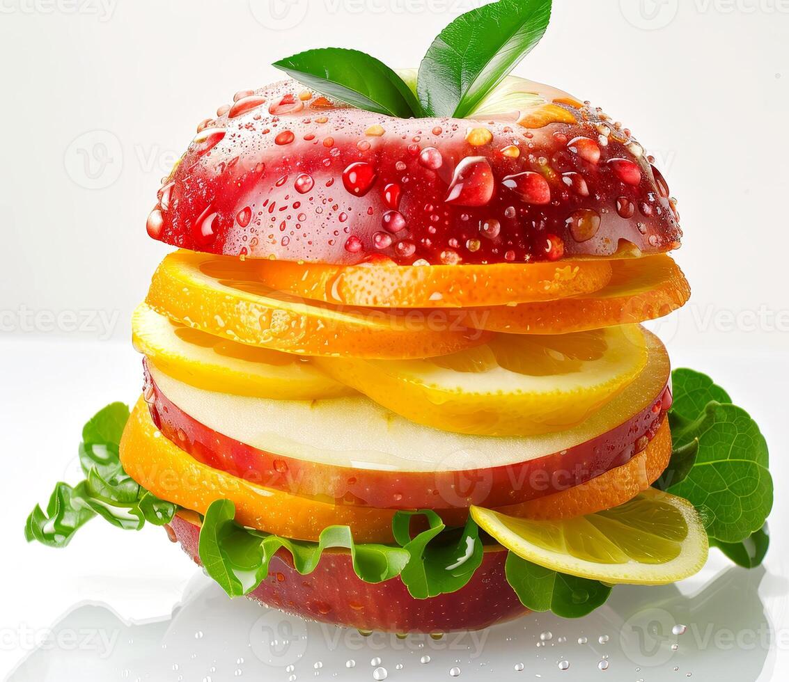 A vivid arrangement of sliced apple and orange layered with fresh greens and citrus, glistening with droplets of water, highlights farm-fresh produce photo