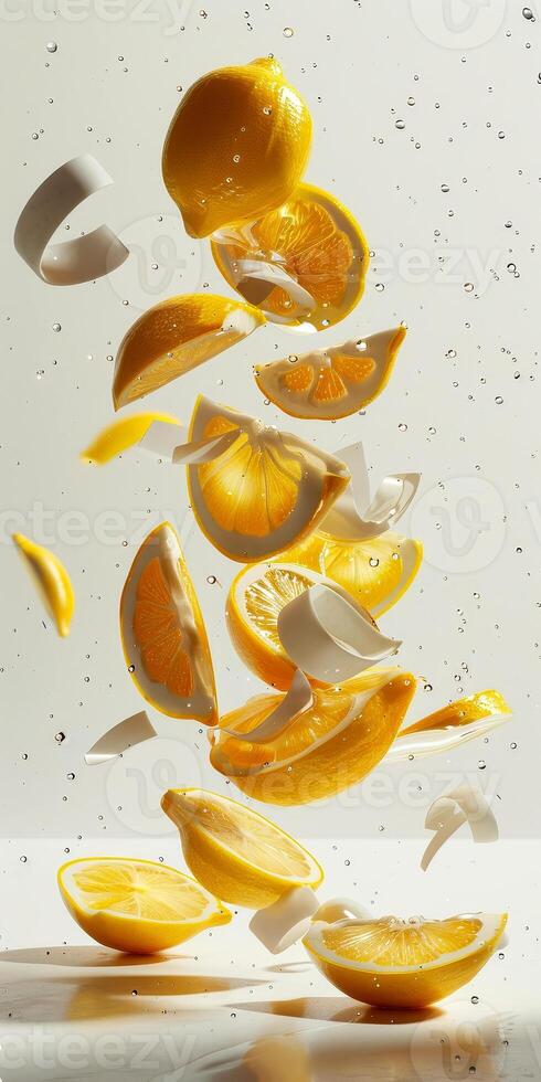 Bright yellow lemon slices float in mid-air, surrounded by water droplets, creating a refreshing and vibrant display of citrus photo