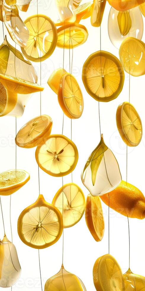 Sliced lemons are creatively displayed by hanging them against a white background, showcasing their bright colors and textures photo