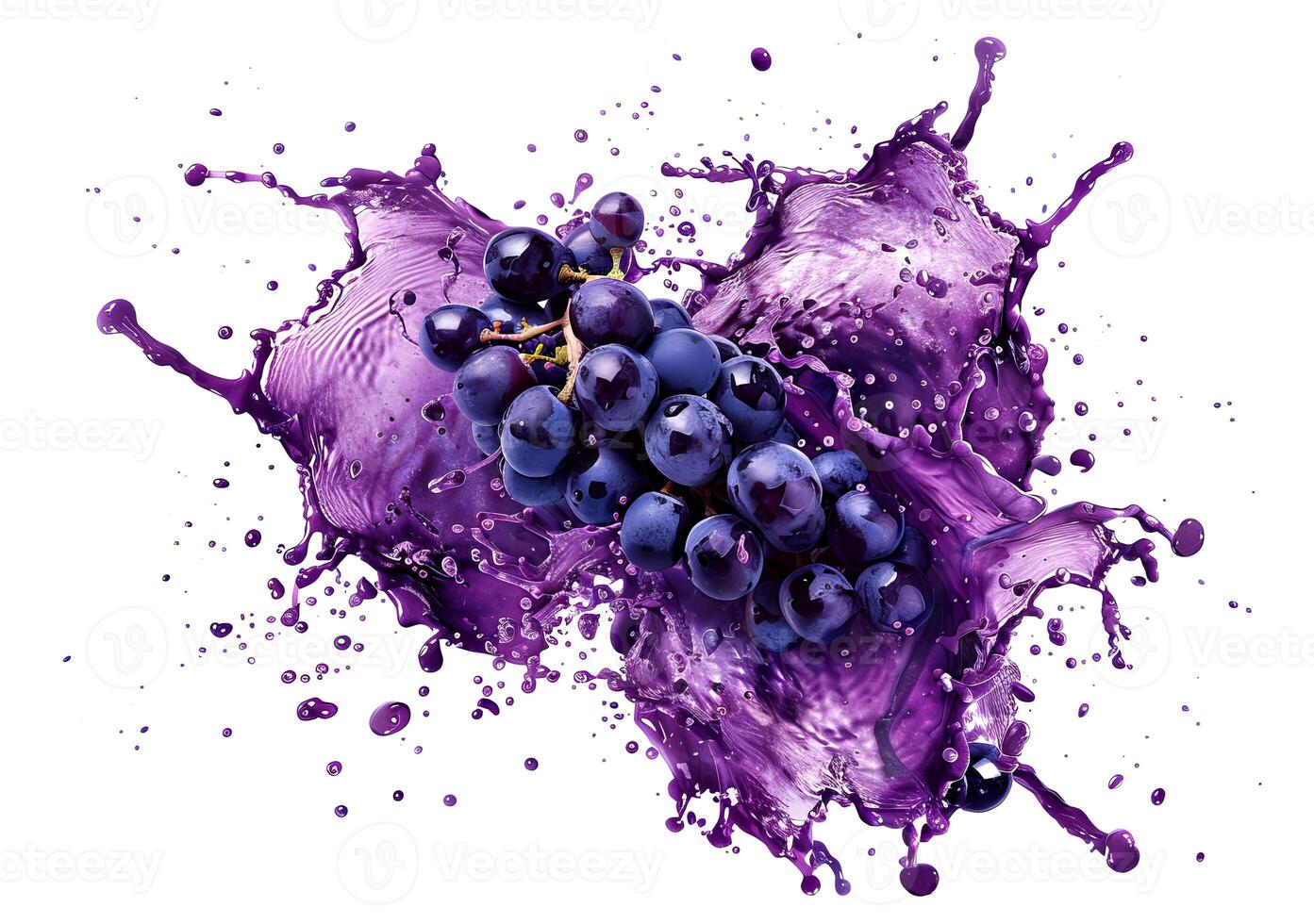 Purple wine and fresh grapes collide, producing an artistic splash that showcases their rich colors and textures against a white backdrop photo