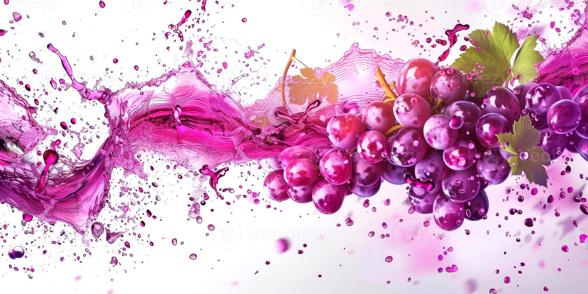 A beautiful mix of purple wine and ripe grapes creates dynamic splashes, showcasing vibrant colors and lively motion against a white backdrop photo