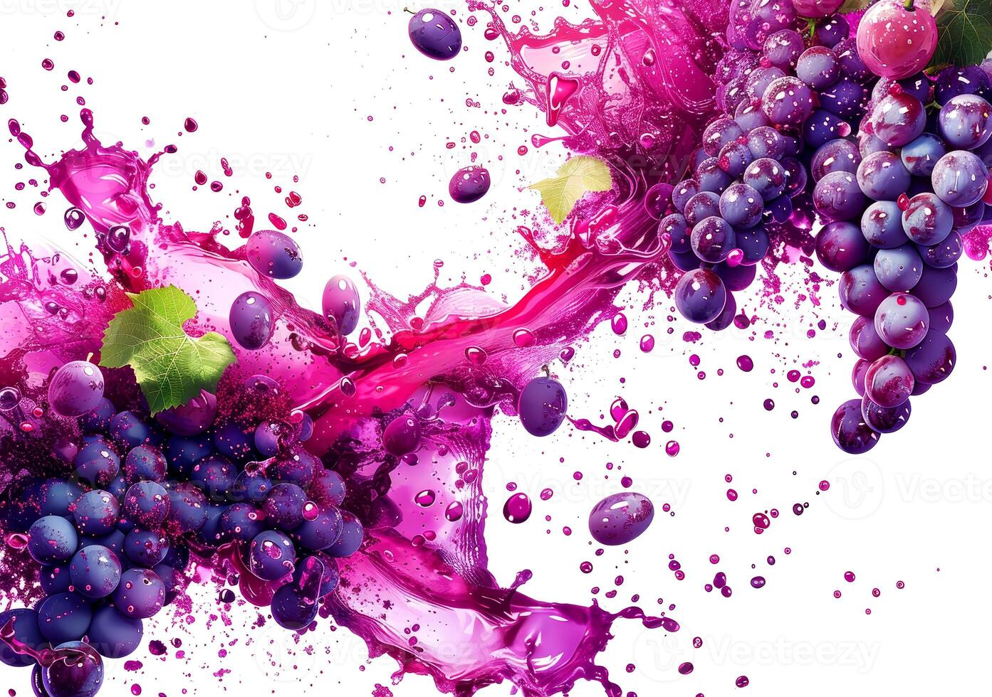 Purple wine splashes dramatically with fresh grapes, showcasing a dynamic blend of color and excitement in a lively setting photo