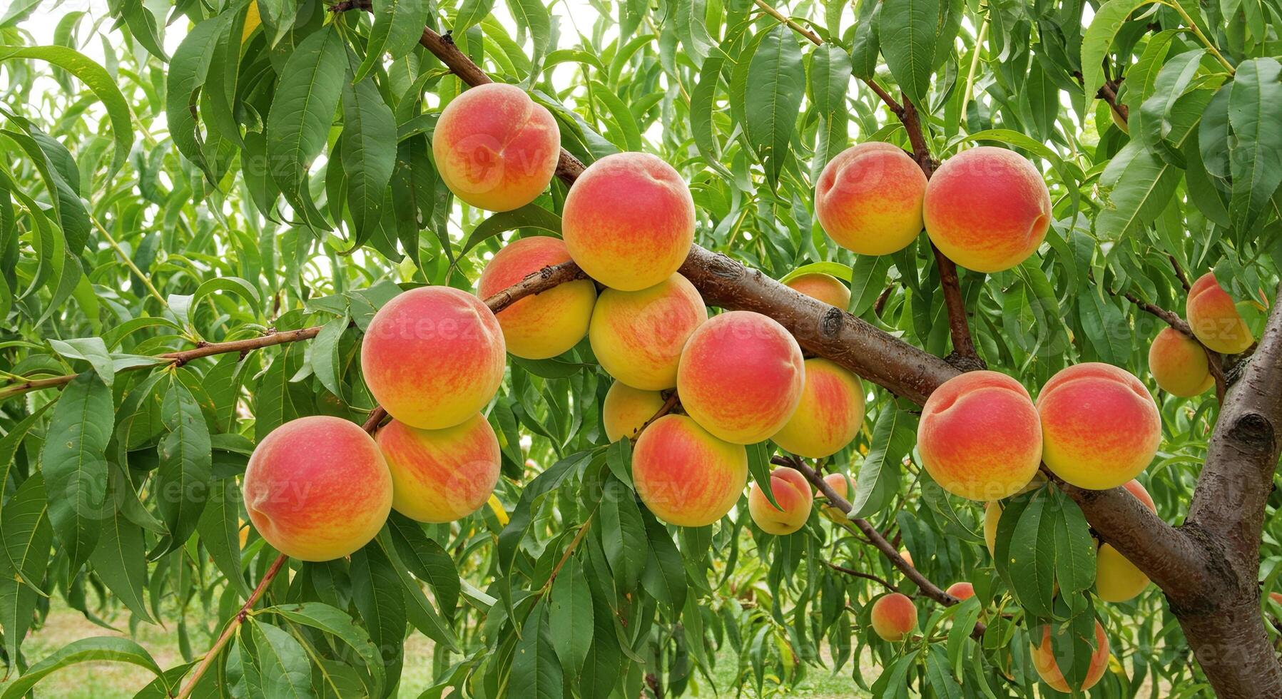 A vibrant close-up of ripe peaches hanging on a tree branch in a sunny orchard photo