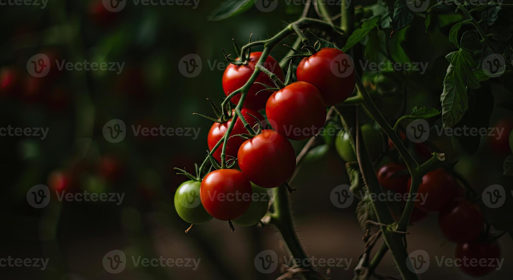 Close-up of vibrant red cherry tomatoes growing on a vine against a dark backdrop photo