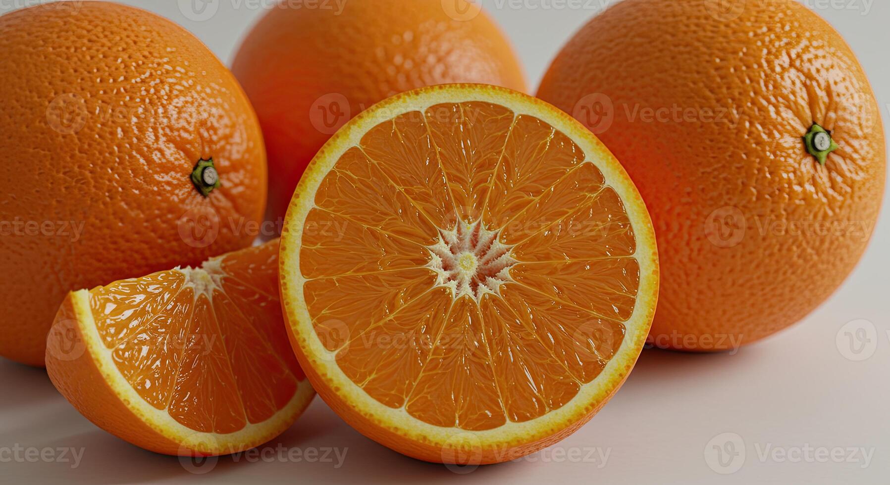 Freshly sliced and whole ripe oranges arranged for a vibrant and appetizing display photo