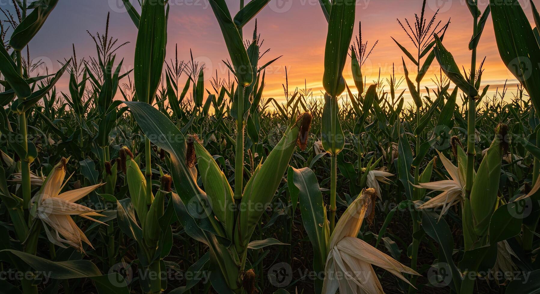 Golden hour sunlight illuminates a field of corn stalks with ripening ears of corn. photo