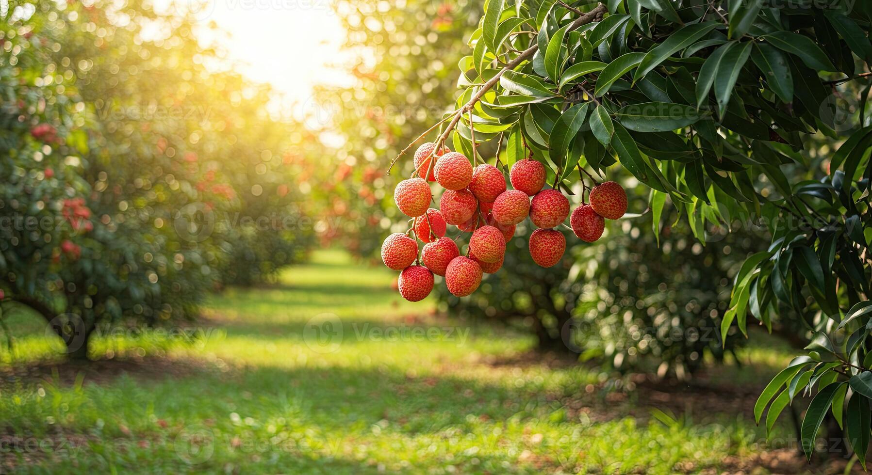 Lush lychee orchard in sunlight showcasing ripe fruit ready for harvest season photo