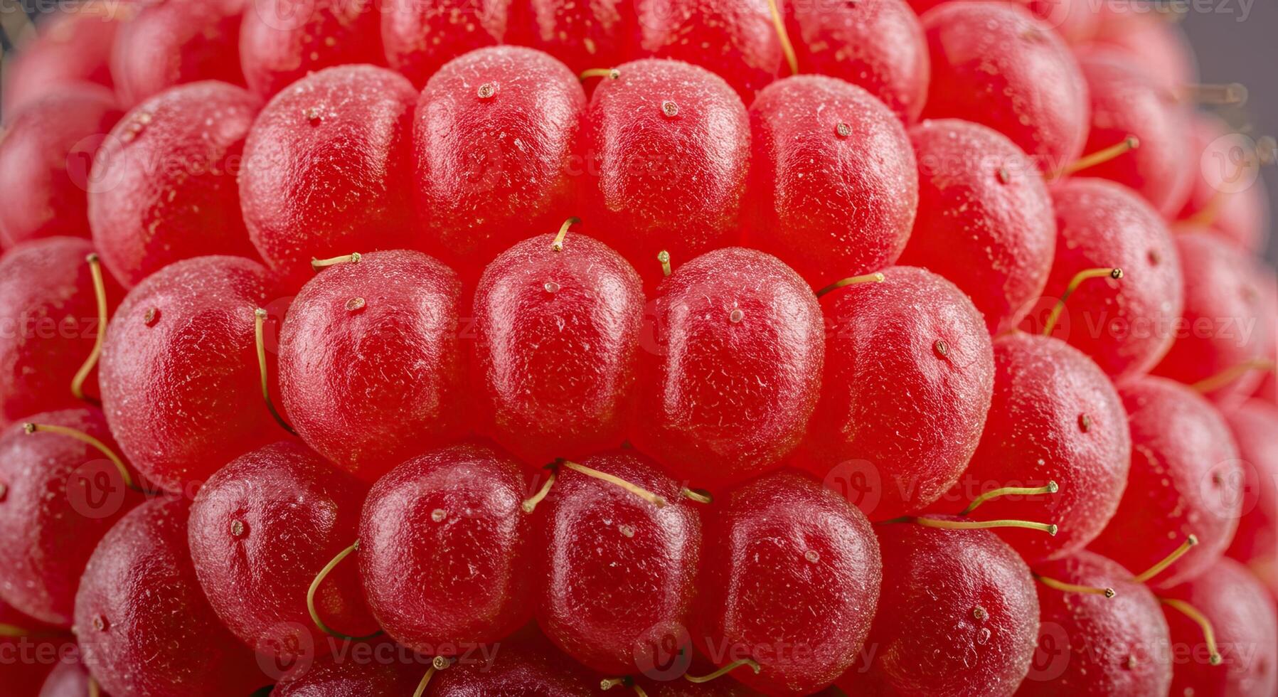 Macro close-up of a vibrant red raspberry fruit showing detailed textures and shapes photo