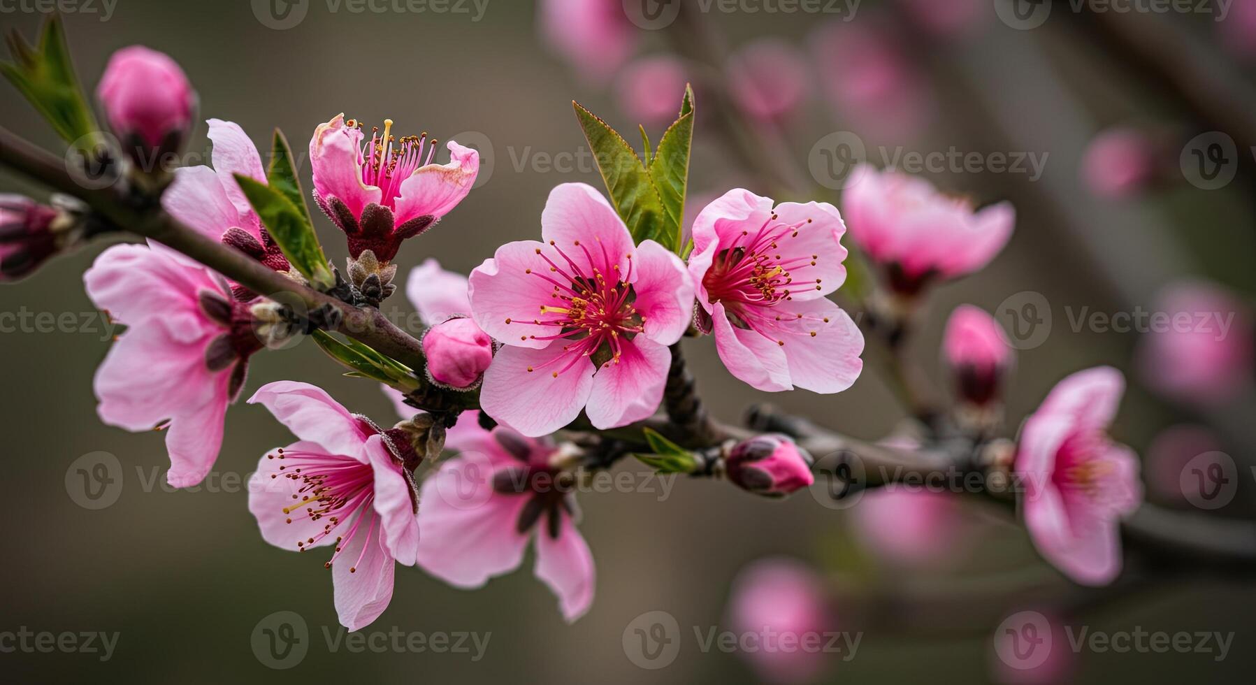 Macro shot of delicate pink peach blossoms blooming on a branch in springtime photo