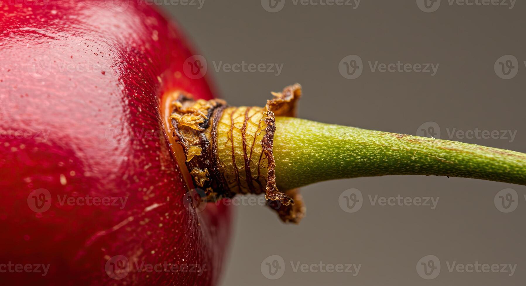 Macro shot of a ripe cherry with its stem and close-up details against a neutral background photo