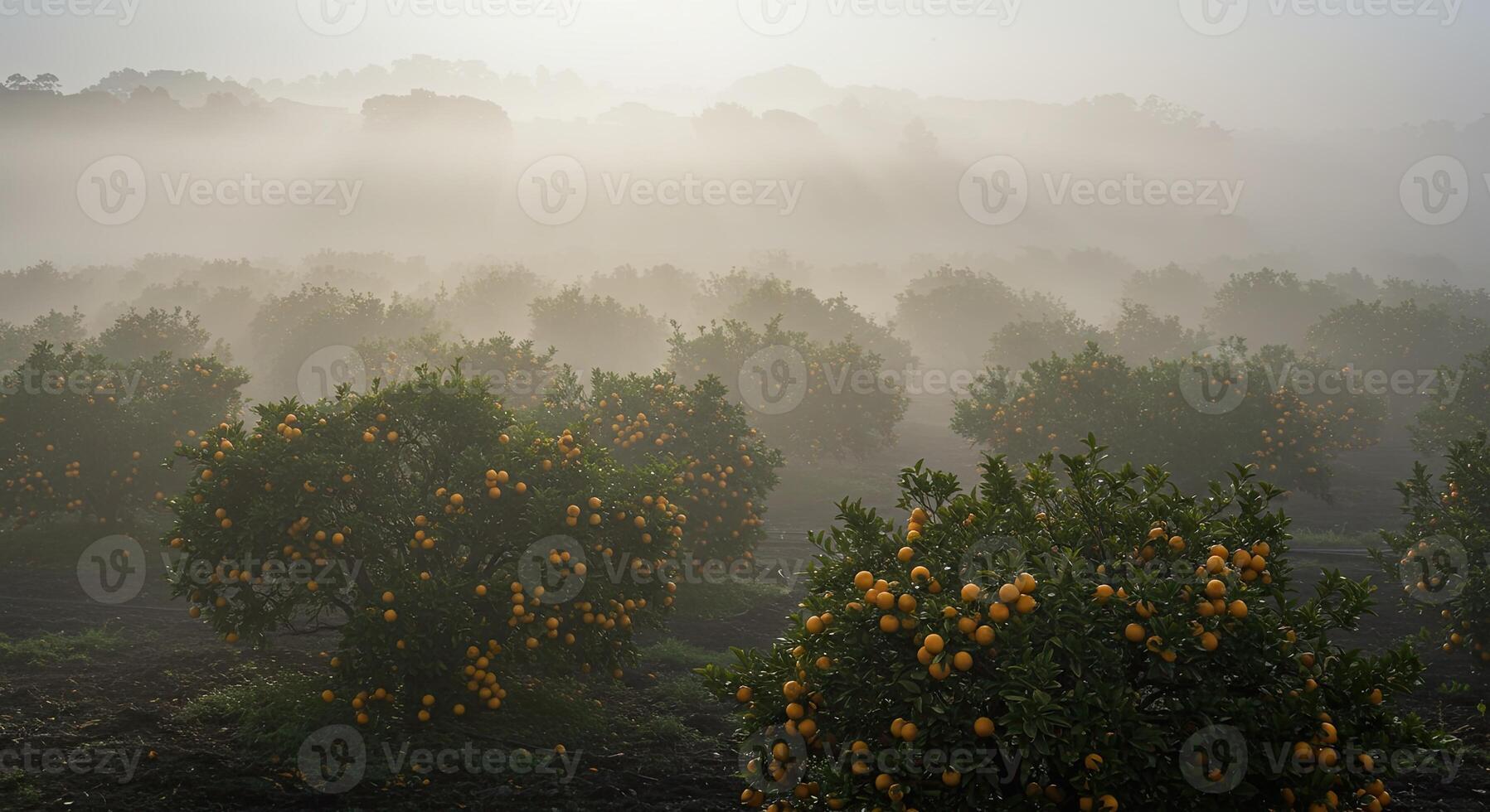 Misty morning view of an orange grove filled with fruit trees in a rural landscape photo