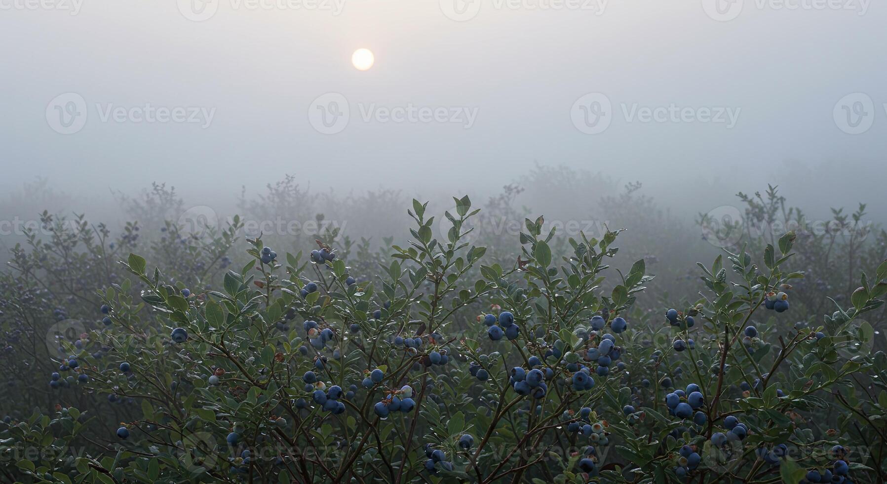 Misty morning over a blueberry field with a soft sun in the background photo