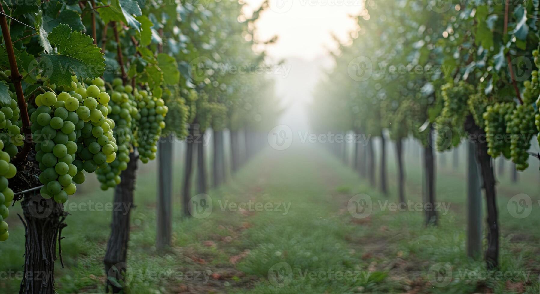 Rows of grape vines in a vineyard with green grapes and a misty morning view photo