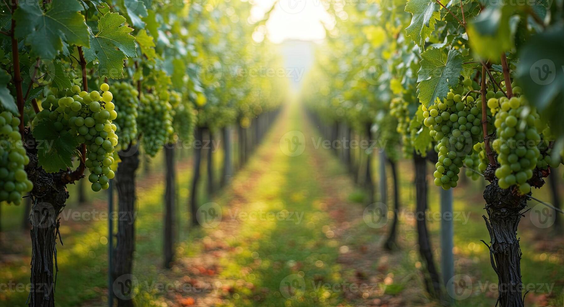 Rows of grape vines in a vineyard with sunlight shining through the leaves photo