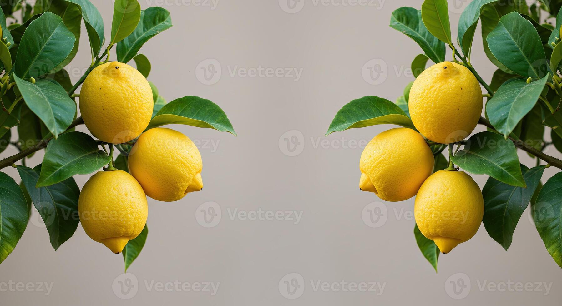 Symmetrical composition of vibrant yellow lemons hanging from a green leafy branch photo