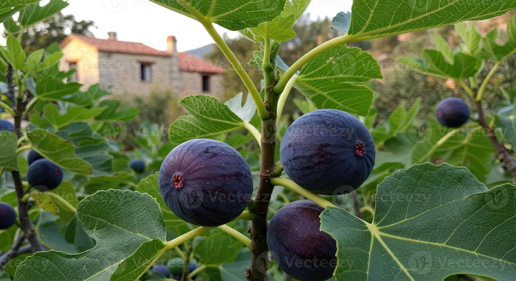 Close-up of ripe figs growing on a tree with a blurred building in the background photo