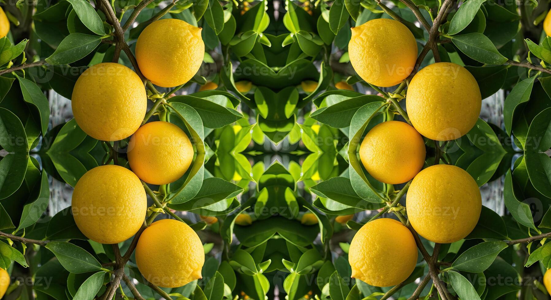 Symmetrical arrangement of ripe yellow lemons on a leafy green citrus tree branch photo