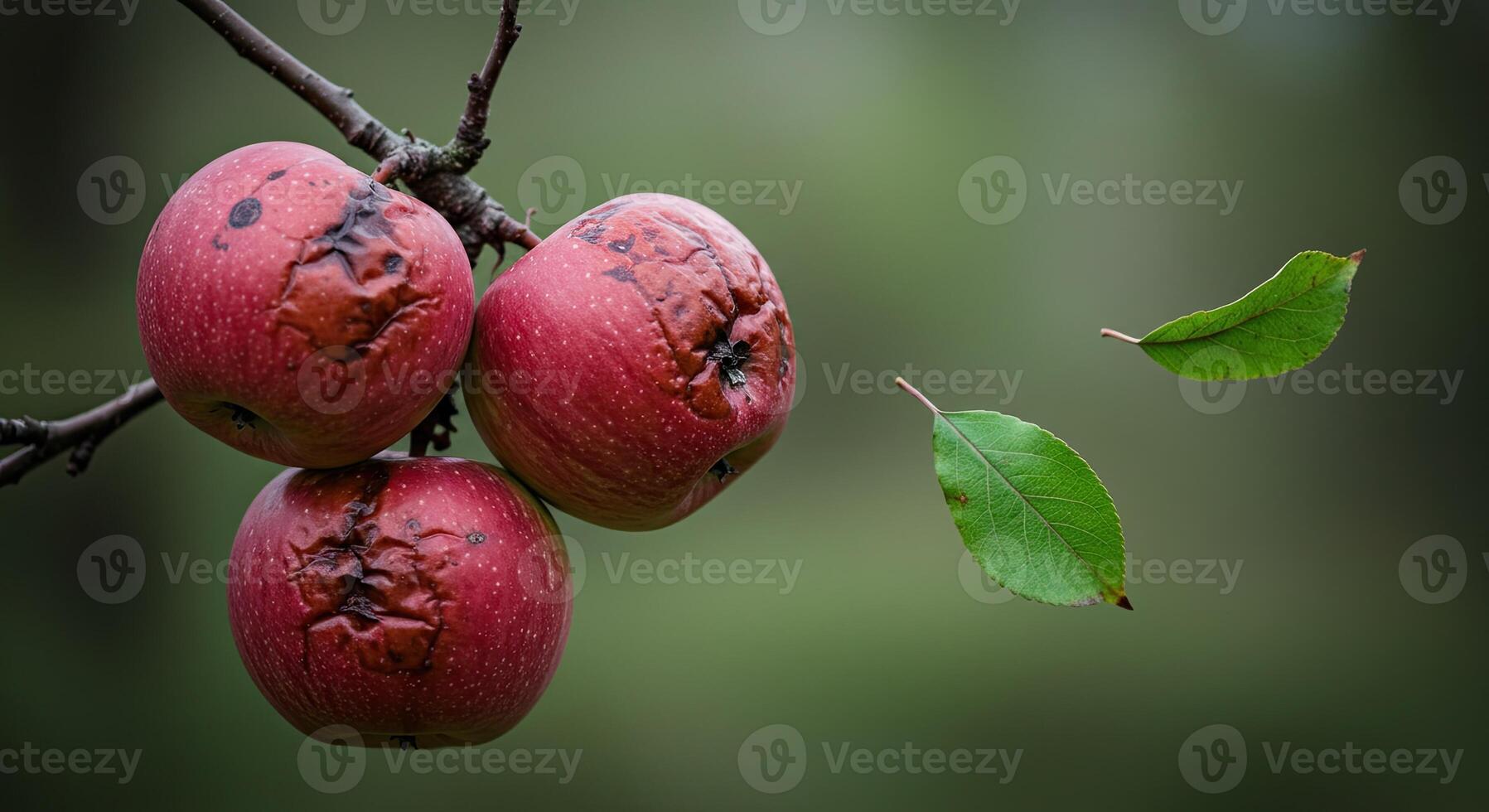 Close-up of rotten red apples hanging from a tree branch with falling leaves photo