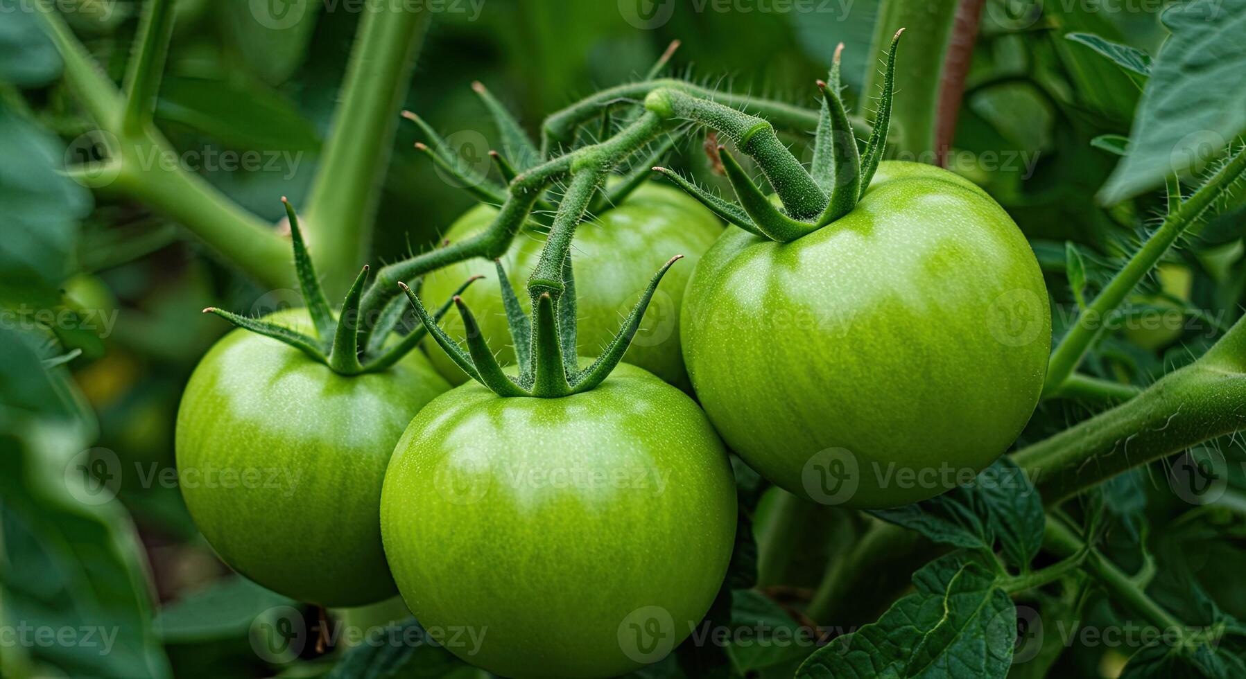 Close-up shot of vibrant green unripe tomatoes growing on a vine in a garden photo