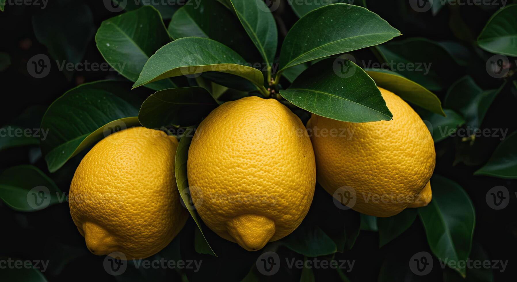 Close-up shot of three ripe lemons hanging from a tree branch with green leaves photo